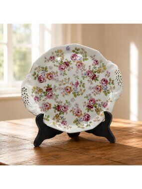 Royal Stafford Cake Plate Two Handles Pink Roses Gold Trim England Vintage 8"